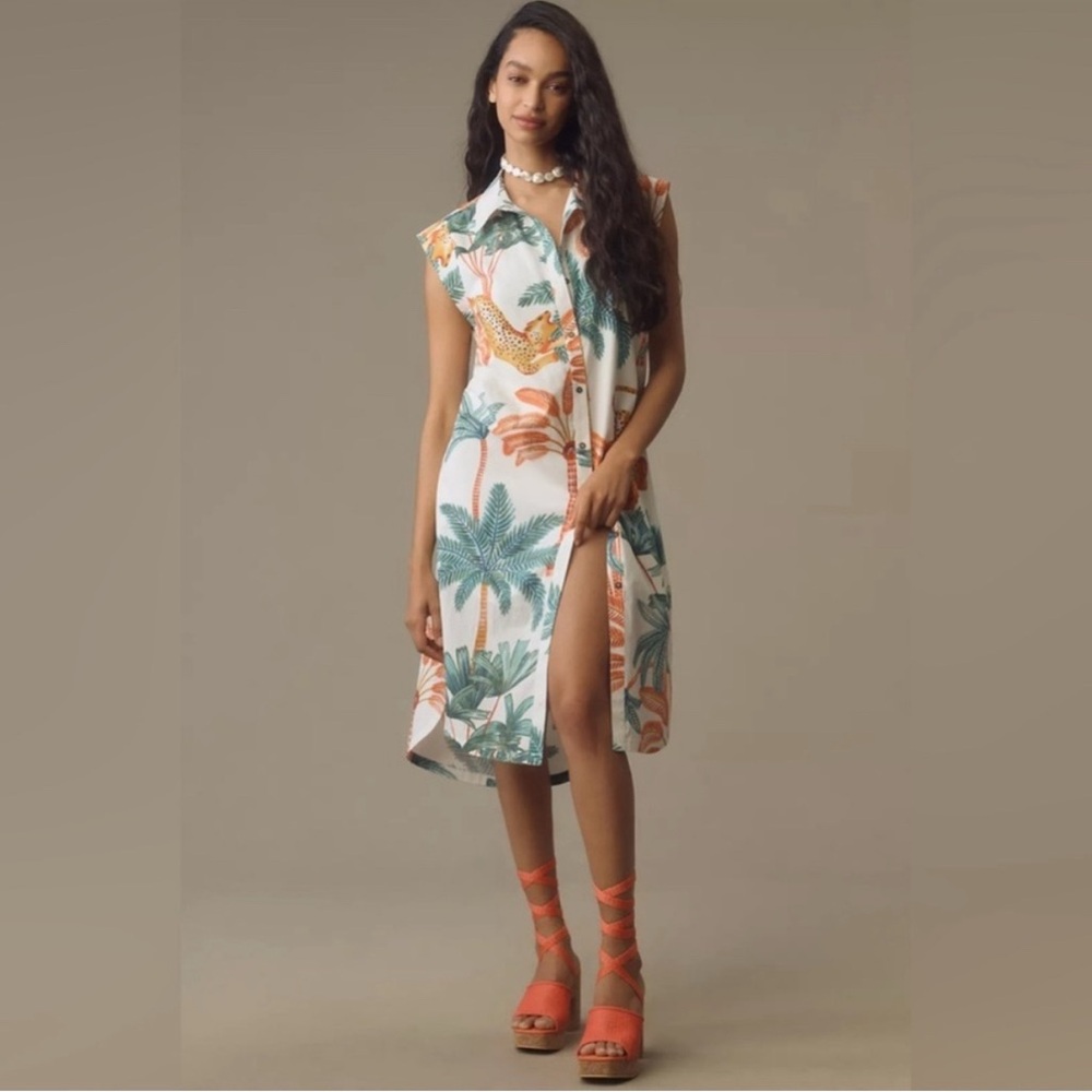 Maeve Cream Slit Midi Sundress with Notched Collar